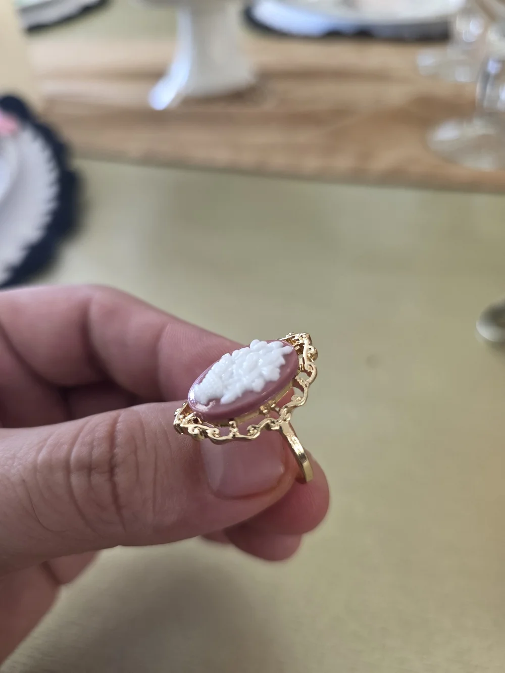 Gold-Tone Pink Cameo Ring with White Relief
